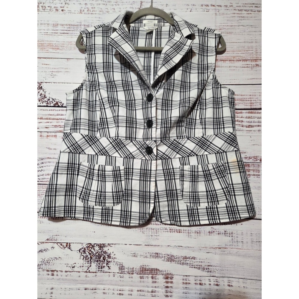 Christopher & Banks Womens XL Plaid Vest Black White Button Front Stretch Pocket